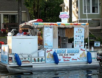 hot dog cart on a boat